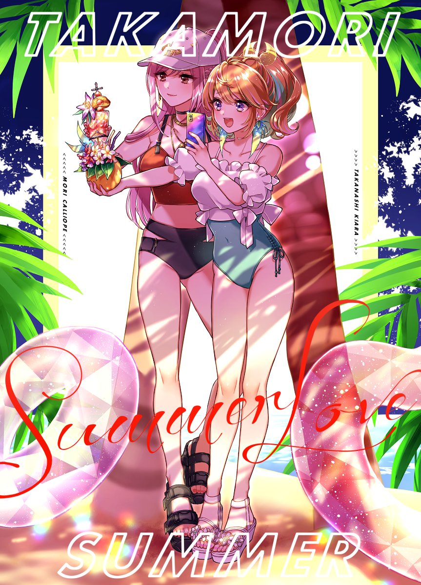 2girls alternate_costume alternate_hairstyle baseball_cap cellphone earrings feather_earrings feathers gradient_hair hair_through_headwear hat highres holding holding_phone hololive hololive_english jewelry mamaloni mori_calliope multicolored_hair multiple_girls orange_hair phone pink_hair ponytail red_eyes red_nails smartphone swimsuit takanashi_kiara taking_picture violet_eyes virtual_youtuber yuri