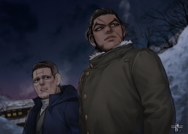 2boys beard black_eyes black_hair blue_jacket breath buttons collared_jacket facial_hair golden_kamuy jacket kikuta_mokutaro long_sleeves male_focus mitsuya multiple_boys rikimatsu_ariko scar_on_forehead short_hair simple_background stubble upper_body winter_clothes