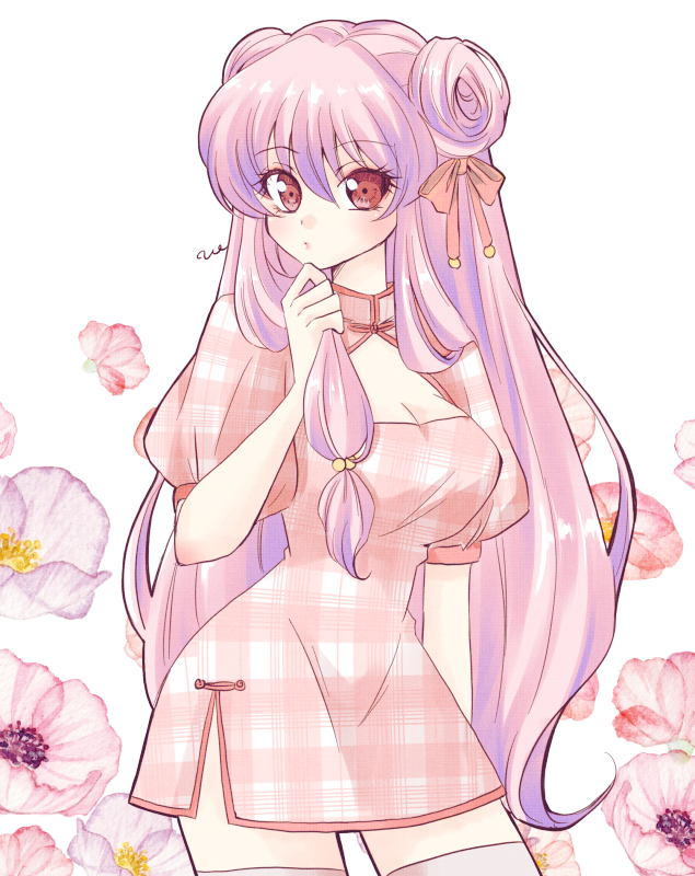 1girl china_dress chinese_clothes cleavage_cutout clothing_cutout double_bun dress long_hair puffy_short_sleeves puffy_sleeves purple_hair ranma_1/2 red_eyes shampoo_(ranma_1/2) short_dress short_sleeves side_slit solo thigh-highs uehara_doh
