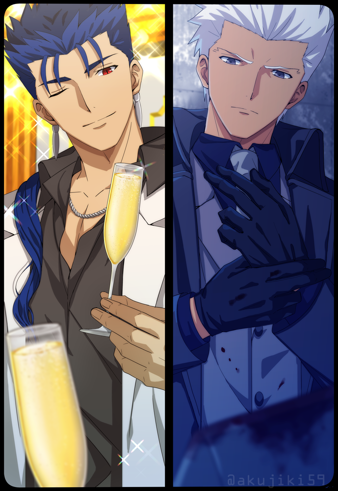 2boys akujiki59 alternate_costume archer_(fate) black_gloves black_shirt blue_hair collared_coat cu_chulainn_(fate) cu_chulainn_(fate/stay_night) cup dark-skinned_male dark_skin earrings fate/stay_night fate_(series) formal frown gloves grey_suit holding holding_cup jewelry looking_at_viewer male_focus multiple_boys necklace necktie official_style one_eye_closed partially_unbuttoned ponytail red_eyes shirt short_hair smile spiky_hair suit white_hair white_suit winter_clothes