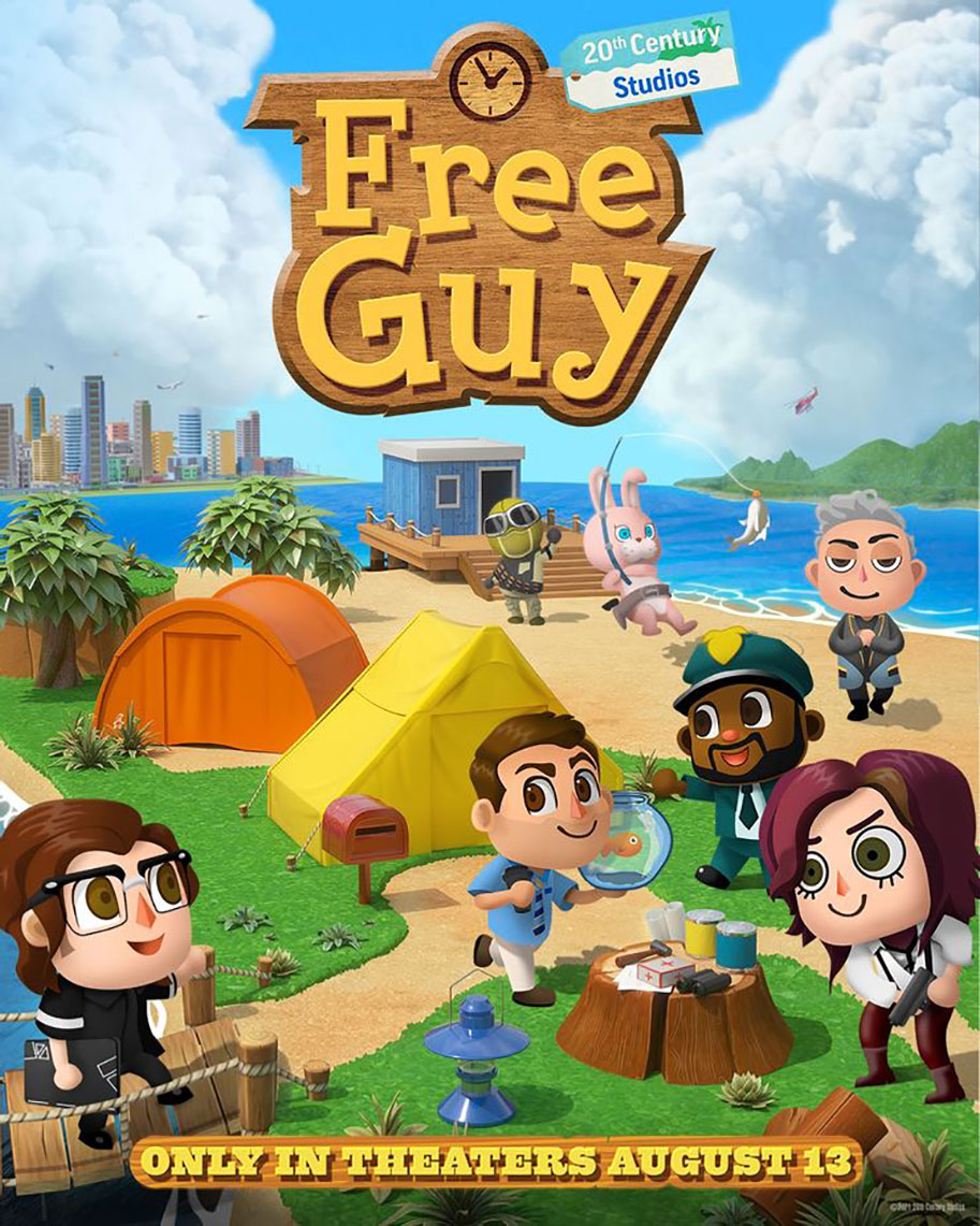 1girl 20th_century_fox 2others 4boys aircraft animal_crossing beach chibi city dated english_text fish fishing_rod free_guy glasses helicopter movie_poster multiple_boys multiple_others ocean official_art parody ryan_reynolds tent tree_stump