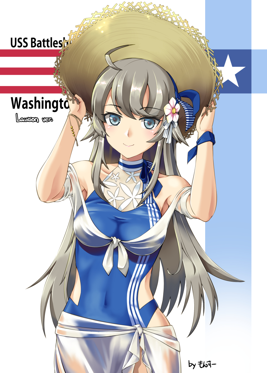 1girl ahoge american_flag artist_name blue_swimsuit breasts casual_one-piece_swimsuit character_name covered_navel cowboy_shot eyebrows_visible_through_hair flower grey_eyes hair_flower hair_ornament hairband hat kantai_collection long_hair looking_at_viewer medium_breasts monsuu_(hoffman) official_alternate_costume one-piece_swimsuit sarong silver_hair solo sun_hat swimsuit washington_(kancolle) white_background