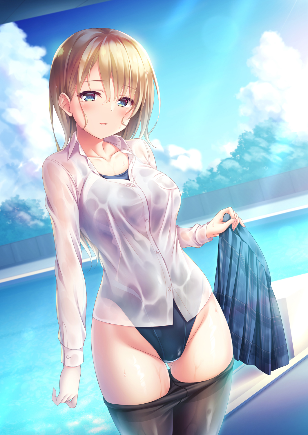 1girl ass_visible_through_thighs bangs black_legwear blonde_hair blue_eyes blue_skirt blue_swimsuit blush breasts clothes_pull collarbone competition_swimsuit cowboy_shot day dress_shirt hand_up highres holding holding_clothes holding_skirt looking_at_viewer medium_breasts one-piece_swimsuit original outdoors pantyhose pantyhose_pull parted_lips plaid plaid_skirt pleated_skirt pool poolside see-through shirt skirt skirt_removed smile solo standing sunlight swimsuit swimsuit_under_clothes undressing wet wet_clothes wet_shirt white_shirt yuurei_yashiki