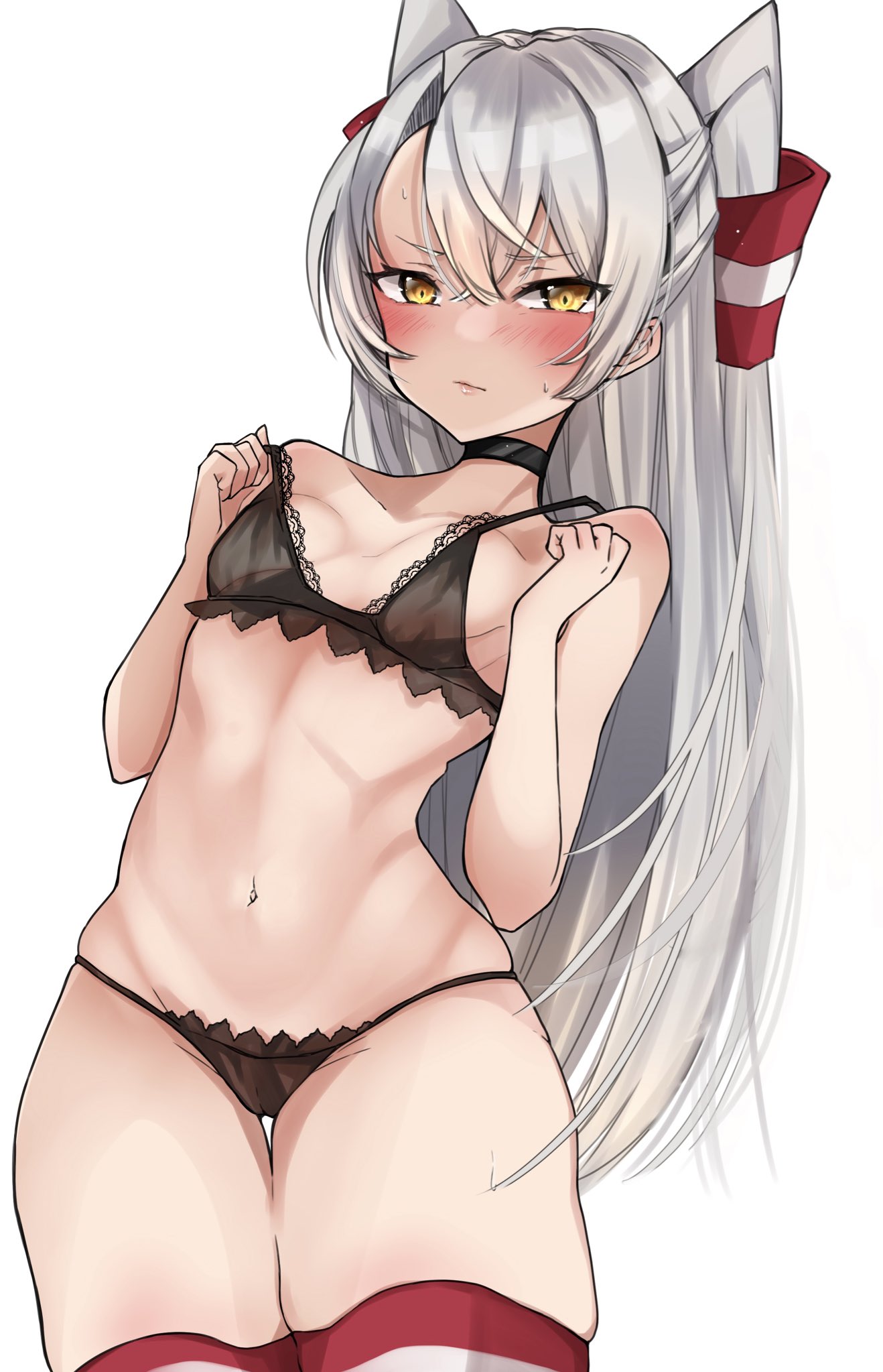 1girl amatsukaze_(kancolle) bra breasts brown_bra brown_panties chigasaki_y choker cowboy_shot hair_tubes highres kantai_collection long_hair looking_at_viewer panties red_legwear silver_hair simple_background small_breasts solo squiggle striped striped_legwear thigh-highs two_side_up underwear underwear_only white_background windsock yellow_eyes