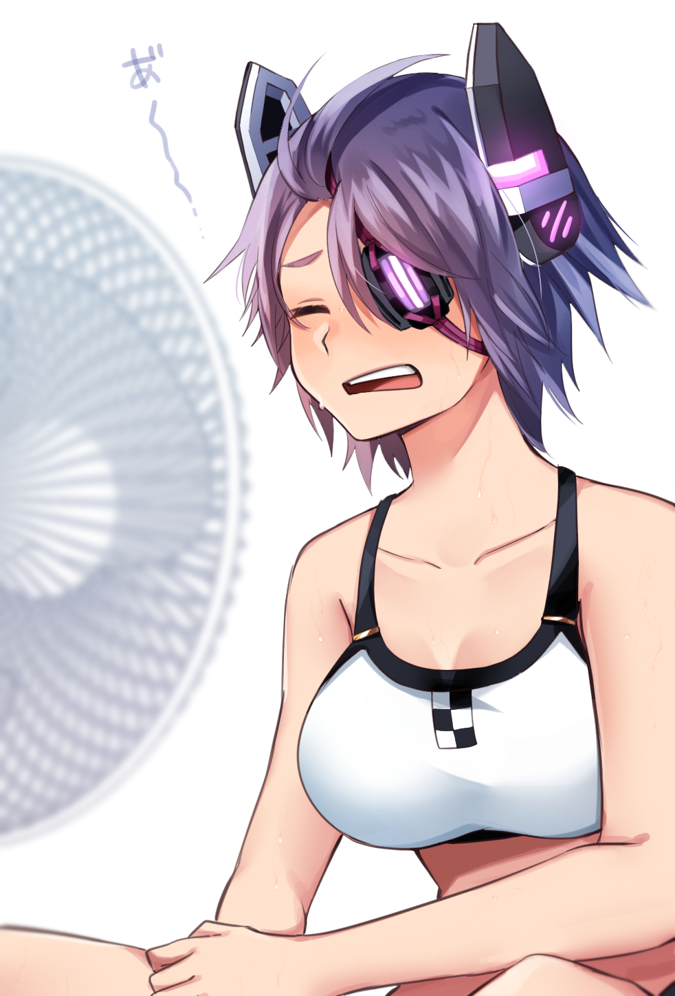 1girl bare_arms bare_shoulders bikini breasts closed_eyes commentary_request electric_fan eyepatch fanning_face headgear highres kantai_collection katsuobushi_(eba_games) large_breasts open_mouth purple_hair short_hair simple_background solo sports_bra swimsuit tenryuu_(kancolle) upper_body white_background