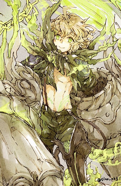 1boy ahoge blonde_hair closed_mouth corruption cravat eyebrows_visible_through_hair gauntlets glowing green_eyes looking_at_viewer male_focus navel pinocchio_(sinoalice) short_hair shorts sino_nb3 sinoalice smile solo suspenders