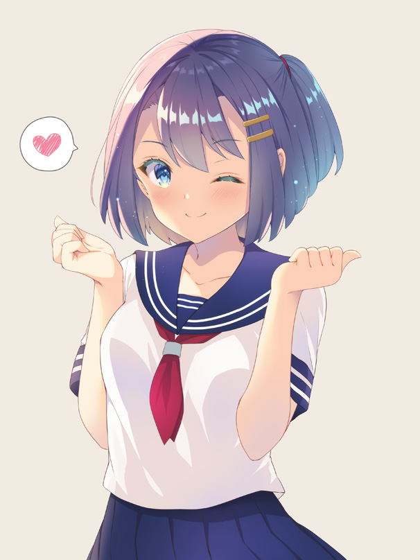 ;) bangs blue_eyes blue_sailor_collar blue_skirt blush breasts brown_background character_request closed_mouth eyebrows_visible_through_hair hands_up heart kuroe_(sugarberry) neckerchief one_eye_closed pleated_skirt purple_hair red_neckwear sailor_collar school_uniform serafuku shirt short_sleeves simple_background skirt small_breasts smile spoken_heart white_shirt wonderland_wars