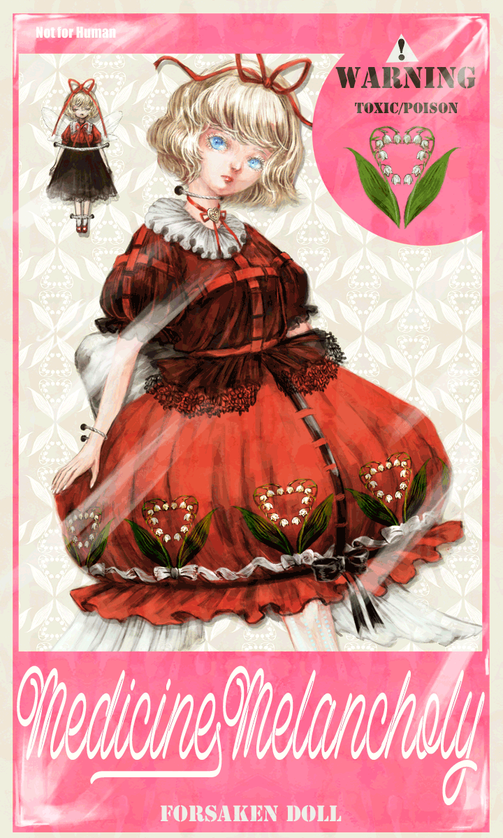 2girls black_ribbon black_skirt blonde_hair blouse blue_eyes bob_cut border bow bubble_skirt character_name choker closed_mouth doll fairy_wings feet_out_of_frame floral_background floral_print flower frilled_blouse frilled_shirt_collar frilled_skirt frills hair_bow hair_ribbon head_tilt heart heart_necklace highres lace-trimmed_blouse lily_of_the_valley looking_at_viewer medicine_melancholy multiple_girls nazo_(mystery) pink_border puffy_short_sleeves puffy_sleeves red_blouse red_ribbon red_skirt restrained ribbon ribbon-trimmed_skirt ribbon_choker ribbon_trim short_hair short_sleeves sign skirt solo_focus su-san touhou warning_sign wavy_hair white_ribbon wings