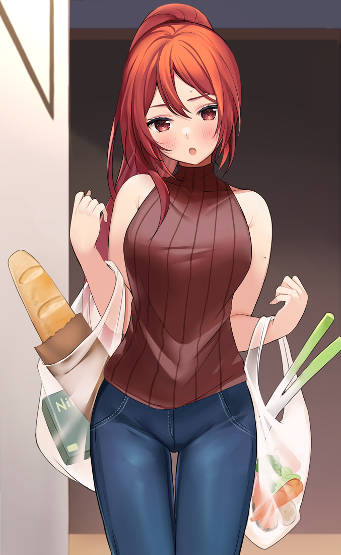 1girl :o bag blue_pants blush bread breasts brown_sweater denim food holding holding_bag jeans long_hair looking_at_viewer medium_breasts original pants ponytail red_eyes redhead ry_thae sleeveless sleeveless_sweater solo standing sweater