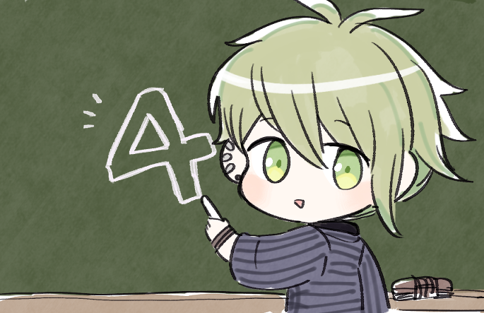 1boy amami_rantarou antenna_hair bangs bracelet chalkboard chestnut_mouth chibi commentary_request dangan_ronpa_(series) dangan_ronpa_v3:_killing_harmony ear_piercing fc_(efushii) from_behind green_background green_eyes green_hair hair_between_eyes holding_chalk jewelry long_sleeves looking_at_viewer male_focus notice_lines open_mouth piercing shiny shiny_hair shirt short_hair solo striped striped_shirt upper_body