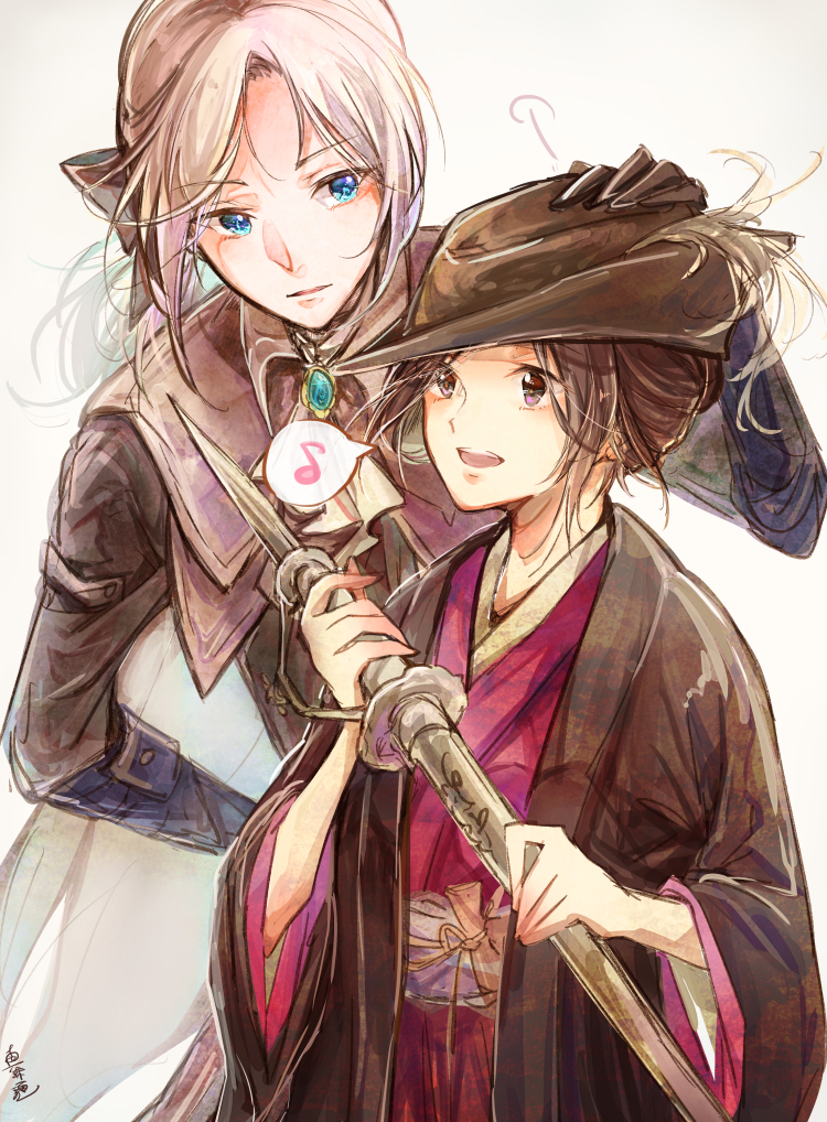 2girls ascot bangs black_hair blonde_hair bloodborne blue_eyes blush brown_hair closed_mouth cravat crossover emma_the_gentle_blade gem gloves hair_bun hat hat_feather japanese_clothes jeweled_cravat kimono lady_maria_of_the_astral_clocktower long_hair long_sleeves looking_at_viewer multiple_girls ponytail sekiro:_shadows_die_twice shinshumen short_hair smile the_old_hunters tricorne updo white_hair