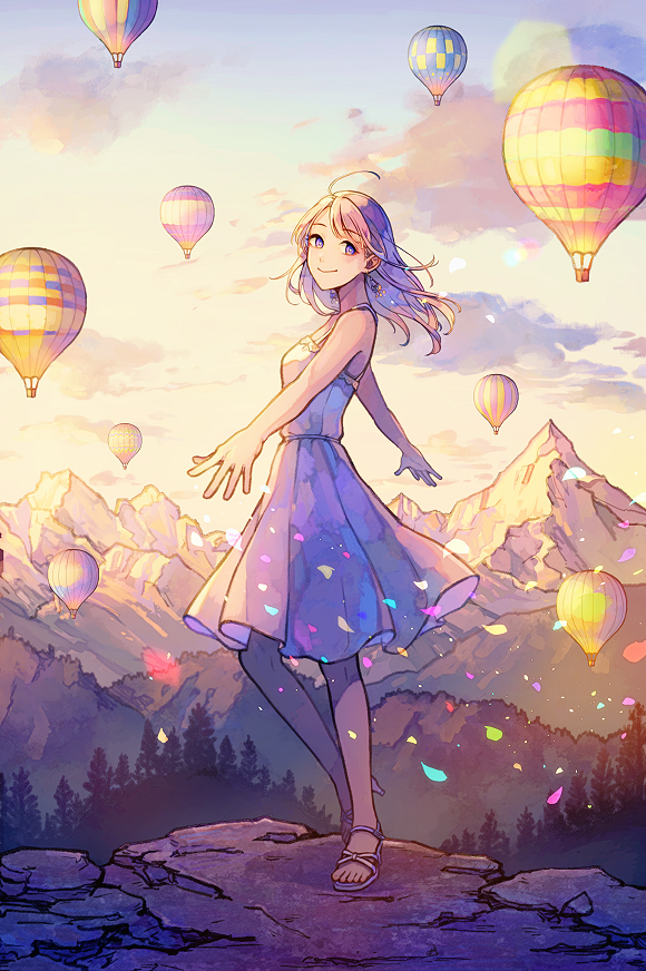 1girl ahoge aircraft akagi_shun clouds dress earrings forest full_body high_heels hot_air_balloon jewelry looking_to_the_side medium_hair mountain mountainous_horizon nature original petals rock sandals sky sleeveless smile solo standing sundress tree violet_eyes