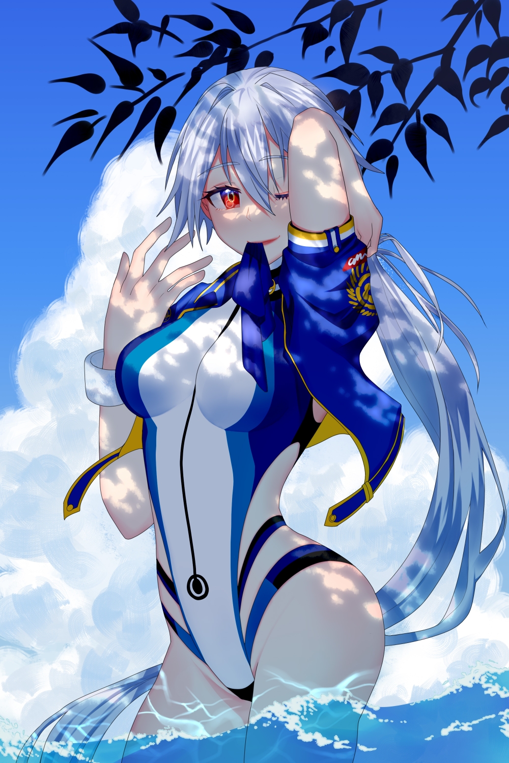 1girl arm_behind_head arm_up bangs blue_jacket blue_sky blue_swimsuit blush breasts fate/grand_order fate_(series) hair_between_eyes highleg highleg_swimsuit highres jacket large_breasts long_hair looking_at_viewer mouth_hold one-piece_swimsuit one_eye_closed open_clothes open_jacket red_eyes sando_(2865057272) short_sleeves silver_hair sky smile solo swimsuit thigh_strap thighs tomoe_gozen_(fate) tomoe_gozen_(swimsuit_saber)_(fate) two-tone_swimsuit tying_hair wading water white_swimsuit
