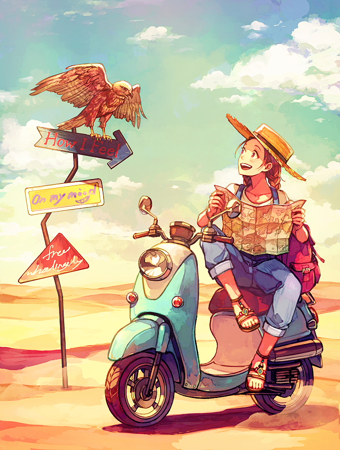 1girl akagi_shun bird blush boater_hat bracelet braid brown_eyes brown_hair clouds collarbone commentary desert english_text full_body ground_vehicle hat hawk holding holding_map jewelry map motor_vehicle motorized_scooter open_mouth original outdoors overalls pants pants_rolled_up sand sandals shirt sign sitting sky smile solo straw_hat teeth tongue white_shirt