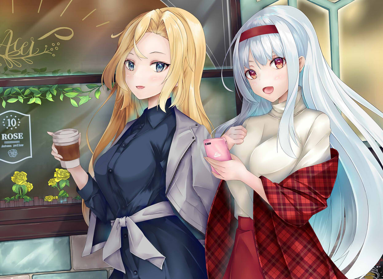 2girls bangs blonde_hair blue_eyes blush brown_eyes cellphone cup disposable_cup hair_between_eyes hairband hornet_(kancolle) kantai_collection long_hair long_sleeves looking_at_viewer multiple_girls official_alternate_costume outdoors phone remimiku sash shoukaku_(kancolle) silver_hair smartphone turtleneck