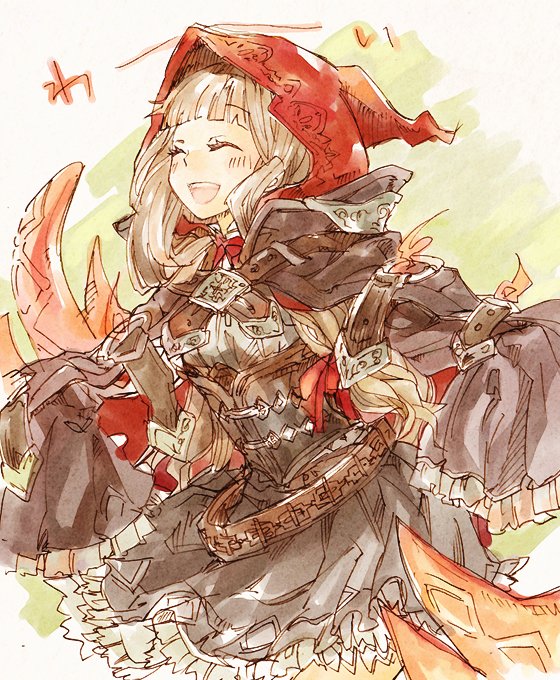 1girl ^_^ bangs belt blonde_hair blunt_bangs claws closed_eyes collared_shirt corset dress excited eyebrows_visible_through_hair hair_ribbon hood hood_up little_red_riding_hood_(sinoalice) long_hair long_sleeves open_mouth petticoat ribbon shirt sidelocks simple_background sino_nb3 sinoalice sketch solo