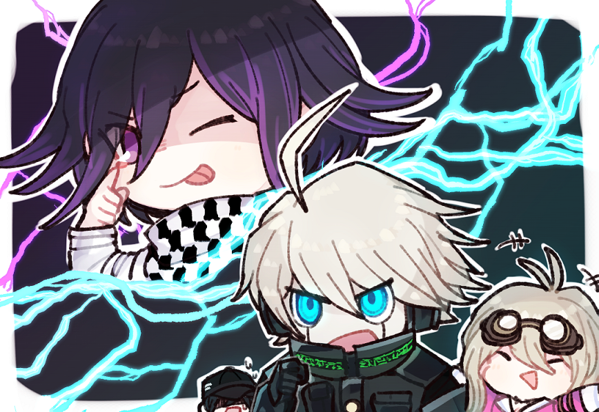 1girl 3boys ahoge antenna_hair arm_up bangs black_background black_headwear blue_eyes checkered checkered_neckwear checkered_scarf chibi clenched_hand commentary_request dangan_ronpa_(series) dangan_ronpa_v3:_killing_harmony fc_(efushii) glowing glowing_eyes goggles goggles_on_head grey_hair hand_up iruma_miu keebo long_sleeves multiple_boys open_mouth ouma_kokichi outline pink_eyes pink_shirt power_armor saihara_shuuichi scarf shiny shiny_hair shirt short_hair tongue tongue_out white_background white_outline