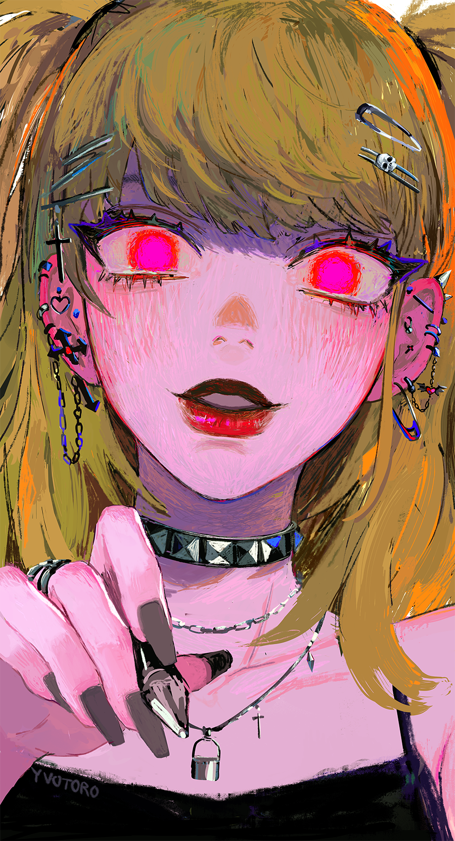 1girl amane_misa artist_name bangs blonde_hair blush brown_hair cross cross_earrings cross_hair_ornament death_note ear_piercing earrings grey_nails hair_ornament hairclip highres jewelry lipstick lock looking_at_viewer makeup necklace parted_lips pen piercing pink_eyes ring safety_pin solo studded_choker yvotoro