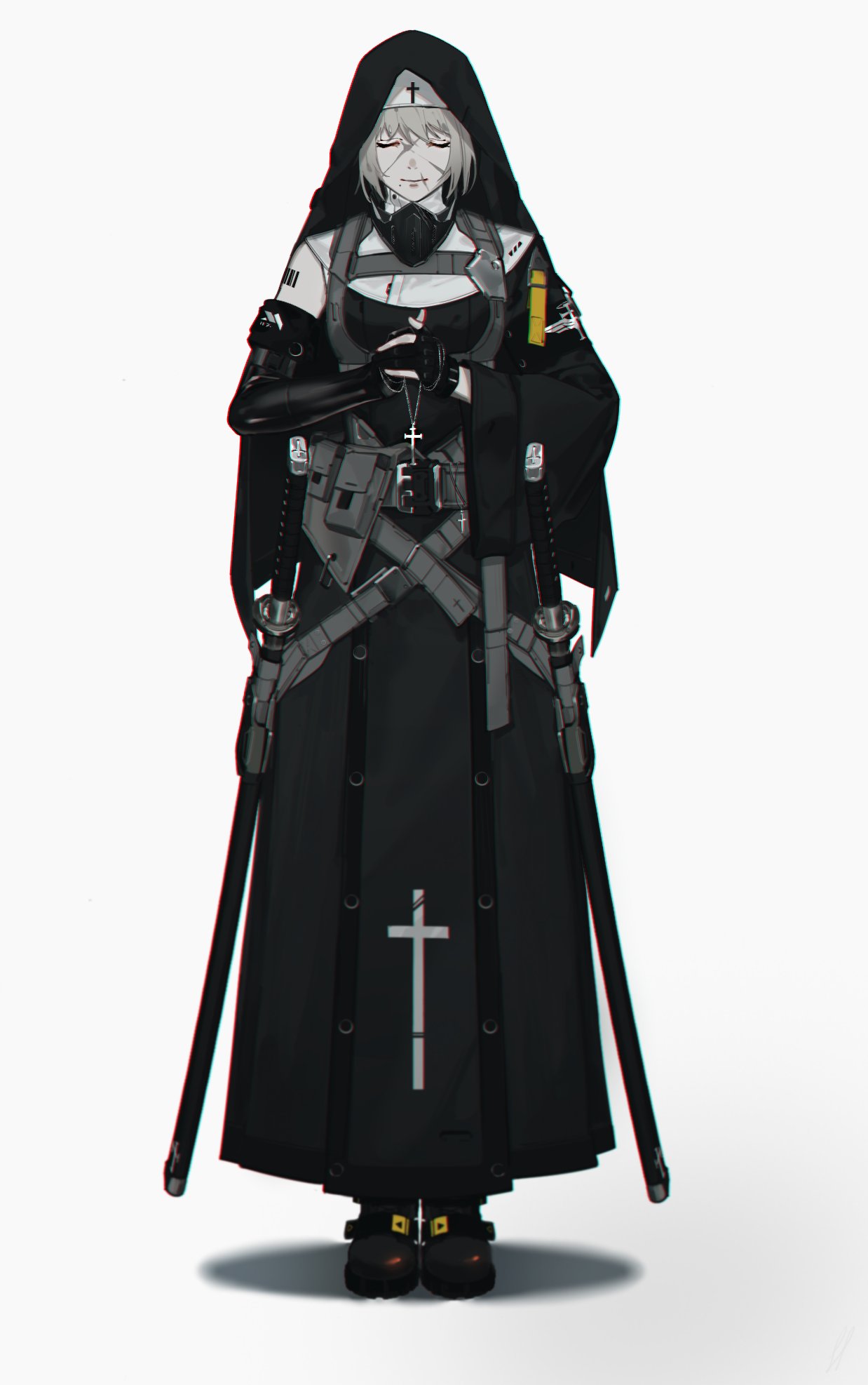1girl armor asymmetrical_sleeves barcode barcode_tattoo belt_buckle belt_pouch buckle closed_eyes cross detached_sleeves emblem fingerless_gloves gloves grey_hair habit hands_together highres holstered_weapon katana nilzynox nun original pouch praying rosary scabbard scar scar_on_face sheath solo sword tattoo weapon