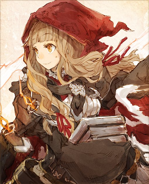 1girl bangs blonde_hair blunt_bangs book buckle closed_mouth collared_shirt dress eyebrows_visible_through_hair hair_ribbon holding holding_book hood hood_up little_red_riding_hood_(sinoalice) long_hair looking_to_the_side ribbon shirt sidelocks sino_nb3 sinoalice smile solo wavy_hair