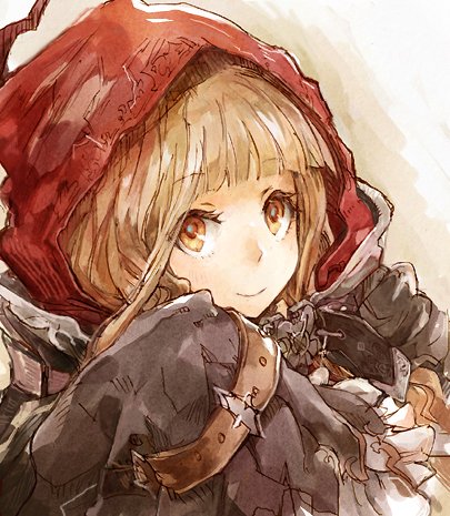 1girl bangs blonde_hair blunt_bangs closed_mouth eyebrows_visible_through_hair frilled_sleeves frills hood hood_up little_red_riding_hood_(sinoalice) long_hair looking_at_viewer lowres orange_eyes sidelocks simple_background sino_nb3 sinoalice smile solo