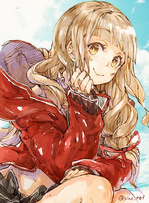 1girl bangs bikini blonde_hair blunt_bangs closed_mouth clouds eyebrows_visible_through_hair goggles goggles_around_neck hair_ribbon jacket little_red_riding_hood_(sinoalice) long_hair looking_at_viewer orange_eyes ribbon signature sino_nb3 sinoalice sky smile solo summer swimsuit wavy_hair