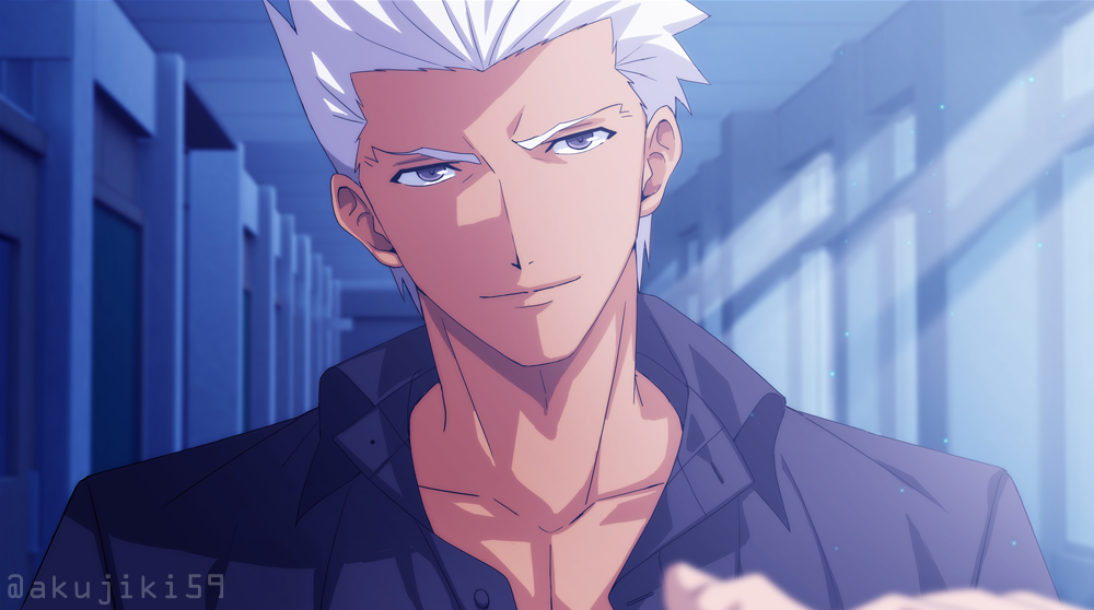 1boy akujiki59 archer_(fate) black_shirt blurry blurry_foreground casual dark-skinned_male dark_skin fate/stay_night fate_(series) head_tilt indoors male_cleavage male_focus moonlight official_style partially_unbuttoned pectorals shirt short_hair smile solo_focus spiky_hair toned toned_male upper_body white_hair