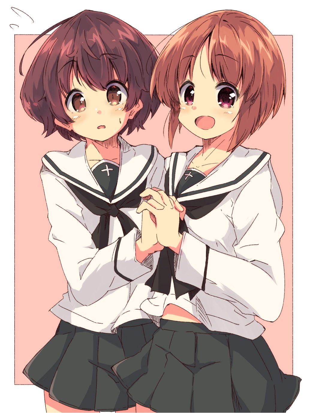 2girls akiyama_yukari bangs black_neckwear blouse border brown_eyes brown_hair commentary eyebrows_visible_through_hair flying_sweatdrops girls_und_panzer green_skirt highres holding_hands interlocked_fingers light_frown long_sleeves looking_at_viewer messy_hair midriff_peek miniskirt multiple_girls neckerchief nishizumi_miho ooarai_school_uniform open_mouth outside_border pink_background pleated_skirt sailor_collar school_uniform serafuku short_hair side-by-side skirt smile standing sweatdrop tom_q_(tomtoq) violet_eyes white_blouse white_border white_sailor_collar yuri