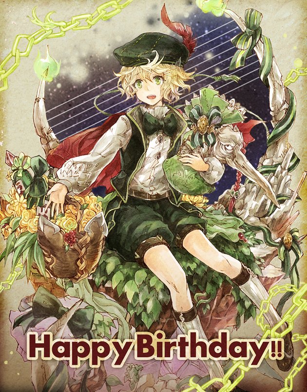 1boy ahoge basket beret blonde_hair bow bowtie chain english_text feathers flower flower_basket green_eyes happy_birthday harp hat holding instrument kneehighs leaf long_sleeves male_focus night night_sky pinocchio_(sinoalice) puffy_long_sleeves puffy_sleeves ribbon rock rose short_hair shorts sino_nb3 sinoalice sitting sky star_(sky) worried
