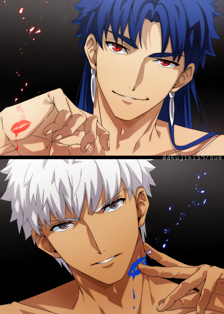 2boys akujiki59 alternate_hairstyle archer_(fate) blue_hair cu_chulainn_(fate) cu_chulainn_(fate/stay_night) dark-skinned_male dark_skin ear_piercing face fate/stay_night fate_(series) head_tilt lipstick_mark looking_at_viewer male_focus messy_hair multiple_boys official_style piercing ponytail red_eyes short_hair smile spiky_hair white_hair