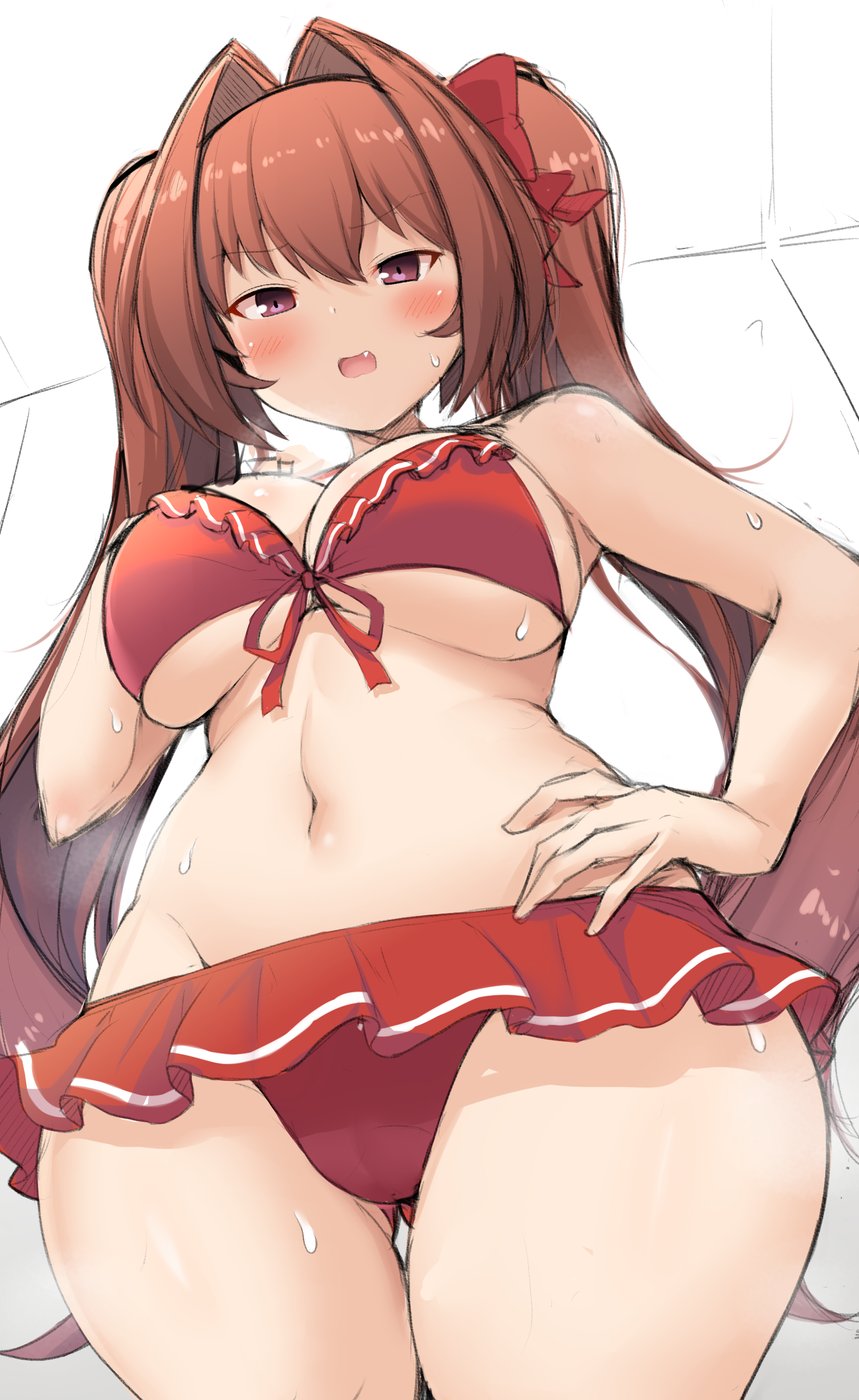 1girl bikini breasts commentary daiwa_scarlet_(umamusume) eyebrows_visible_through_hair fang frilled_bikini frills hair_ribbon hand_on_hip hanetu highres large_breasts long_hair navel no_ears red_bikini red_neckwear redhead ribbon sketch solo sweat swimsuit thighs twintails umamusume violet_eyes