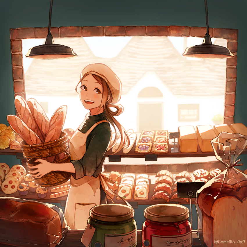 1girl akagi_shun apron baguette bangs basket beret bread brown_eyes brown_hair croissant egg food from_side green_shirt hair_pulled_back hat high_collar holding holding_basket indoors jam jar long_hair muffin open_mouth original parted_bangs shirt shop sleeves_rolled_up smile solo tart_(food) teeth toast tongue upper_body white_apron white_headwear window