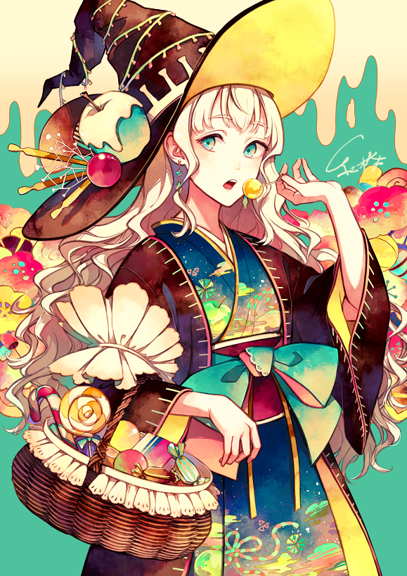1girl akagi_shun apple aqua_background aqua_eyes bangs basket black_headwear black_jacket blonde_hair blush bow candy candy_apple candy_cane curly_hair duplicate earrings food food_print fruit hat holding holding_basket holding_candy holding_food jacket japanese_clothes jewelry kimono lollipop long_hair long_sleeves looking_to_the_side obi open_mouth original pixel-perfect_duplicate sash signature solo teeth tongue upper_body witch_hat