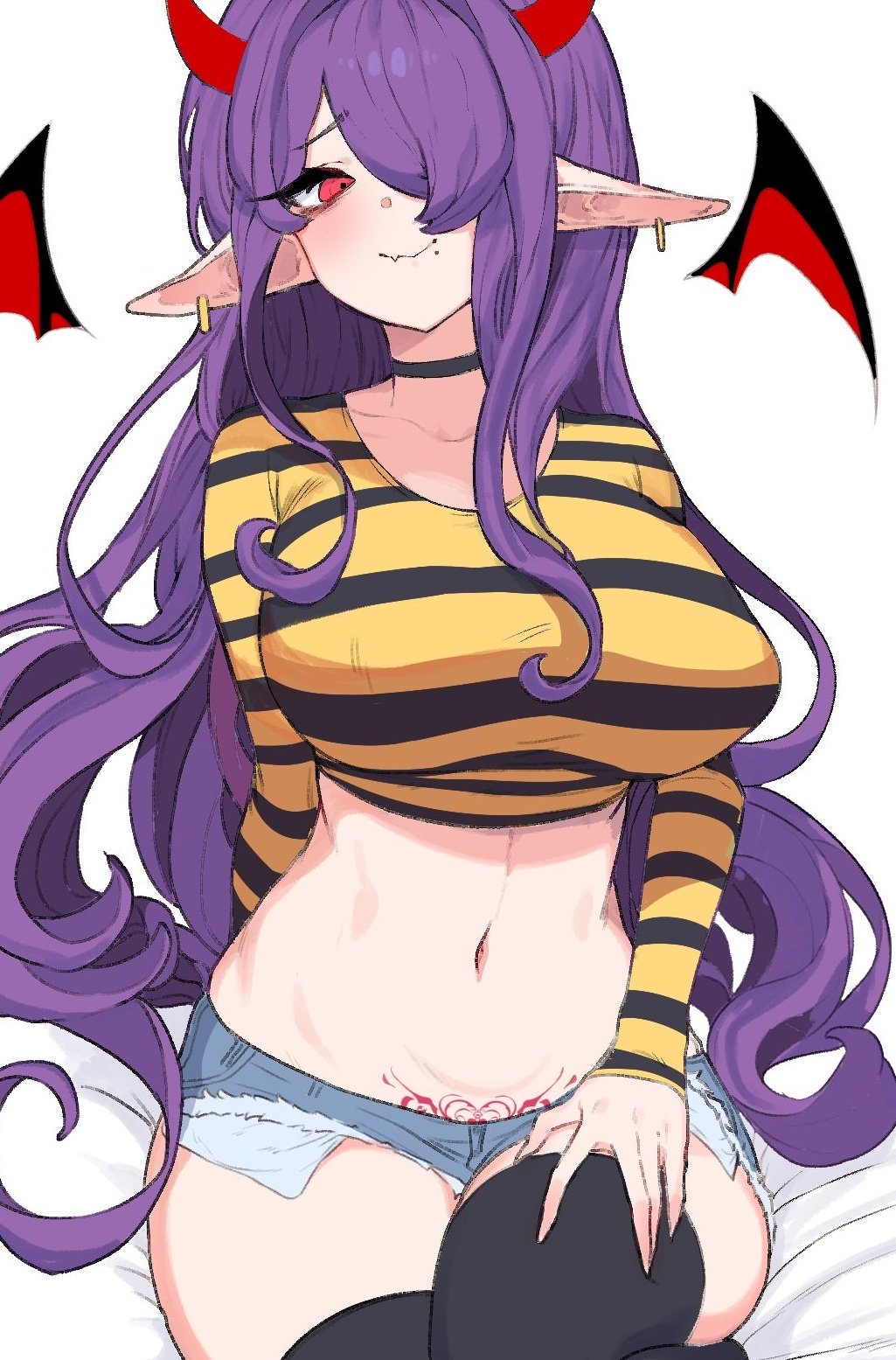 1girl black_legwear breasts commission crop_top curly_hair demon_girl demon_horns demon_wings denim denim_shorts ear_piercing hair_over_one_eye hand_on_own_knee highres horns large_breasts lip_piercing long_sleeves looking_at_viewer navel oh_(aung_ae) original piercing pointy_ears purple_hair red_eyes shorts sitting smile solo spell symbol thigh-highs torn_clothes white_background wings