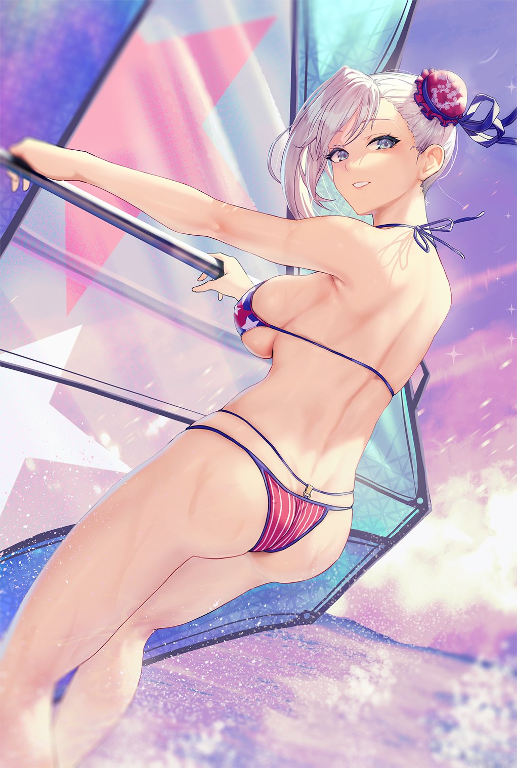 1girl american_flag_bikini ass asymmetrical_hair bangs bikini blue_eyes breasts bun_cover fate/grand_order fate_(series) flag_print hair_bun hair_ribbon highres horizon large_breasts miyamoto_musashi_(fate) miyamoto_musashi_(swimsuit_berserker)_(fate) ocean outdoors pink_hair ribbon sideboob single_hair_intake sky smile solar_(happymonk) solo spray swept_bangs swimsuit windsurfing