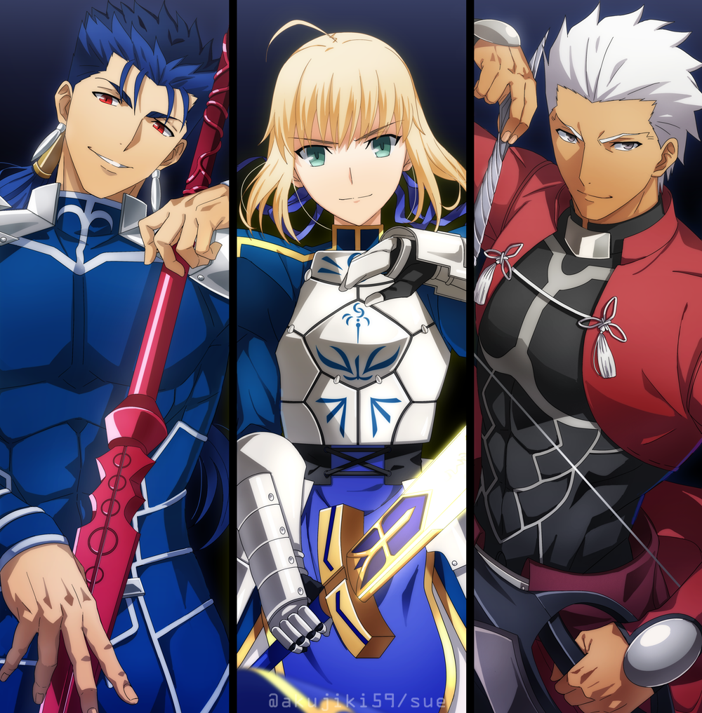 1girl 2boys ahoge akujiki59 archer_(fate) armor artoria_pendragon_(fate) blue_bodysuit blue_hair bodysuit bow_(weapon) breastplate covered_abs cu_chulainn_(fate) cu_chulainn_(fate/stay_night) dark-skinned_male dark_skin drawing_bow excalibur_(fate/stay_night) fate/stay_night fate_(series) gae_bolg_(fate) green_eyes holding holding_bow_(weapon) holding_lance holding_polearm holding_sword holding_weapon lance multiple_boys official_style pectorals polearm ponytail red_eyes saber short_hair shrug_(clothing) smile spiky_hair sword upper_body weapon white_hair