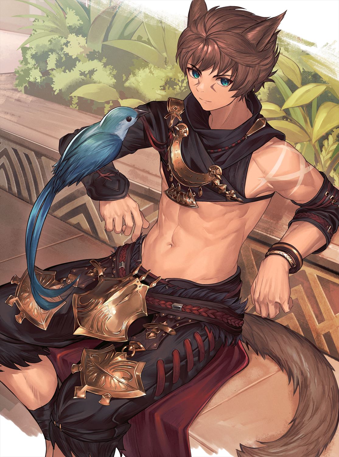 1boy animal_ears animal_on_arm bangle bangs bird bird_on_arm blue_bird blue_eyes bracelet cape closed_mouth commentary_request copyright_request crop_top day gauntlets gold highres jewelry linea_alba looking_at_viewer male_focus muscular navel plant r-744 red_cape short_hair sitting slit_pupils solo tail waist_cape