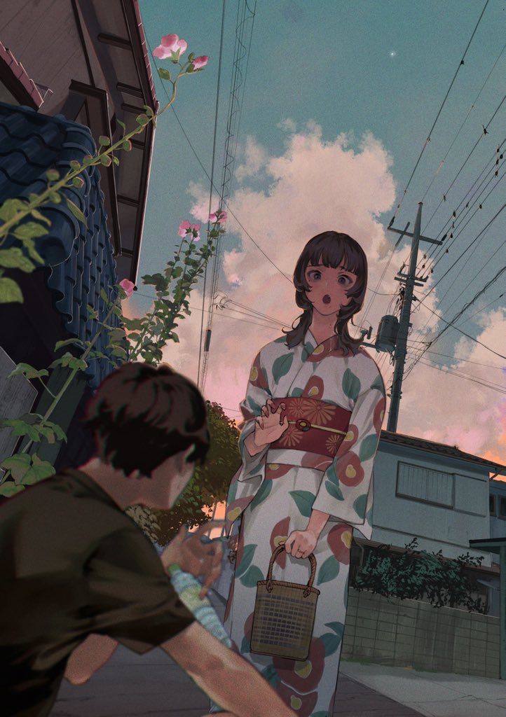 1boy 1girl basket black_shirt blue_eyes bottle brown_hair chromatic_aberration clouds cumulonimbus_cloud dropping fingernails floral_print flower holding holding_basket house japanese_clothes jewelry kento_matsuura kimono long_hair long_sleeves looking_at_another mole mole_on_neck mole_under_eye mole_under_mouth moon open_mouth original outdoors pink_flower plant red_nails ring shirt sitting surprised sweat t-shirt utility_pole water_bottle wide_sleeves