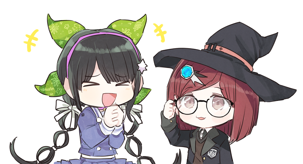 &gt;_&lt; 2girls bangs bespectacled black_jacket brown_hair brown_vest chabashira_tenko chibi commentary_request dangan_ronpa_(series) dangan_ronpa_v3:_killing_harmony eyebrows_visible_through_hair fc_(efushii) gem glasses hair_ornament hair_ribbon hairband hand_up hands_clasped happy hat jacket long_hair long_sleeves low_twintails mole mole_under_mouth multiple_girls open_mouth own_hands_together pink_hairband redhead ribbon school_uniform shiny shiny_hair short_hair simple_background skirt smile twintails vest white_background witch_hat yumeno_himiko