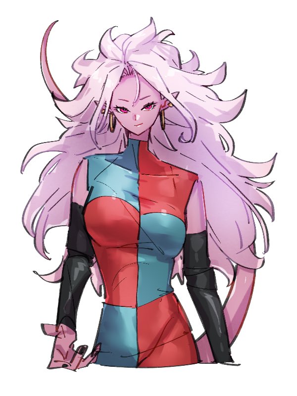 1girl android_21 black_nails checkered checkered_dress closed_mouth colored_skin dragon_ball dragon_ball_fighterz dress earrings fingernails hoop_earrings jewelry kemachiku long_hair looking_at_viewer majin_android_21 nail_polish pink_hair pink_skin pointy_ears red_eyes simple_background smile solo tail white_background