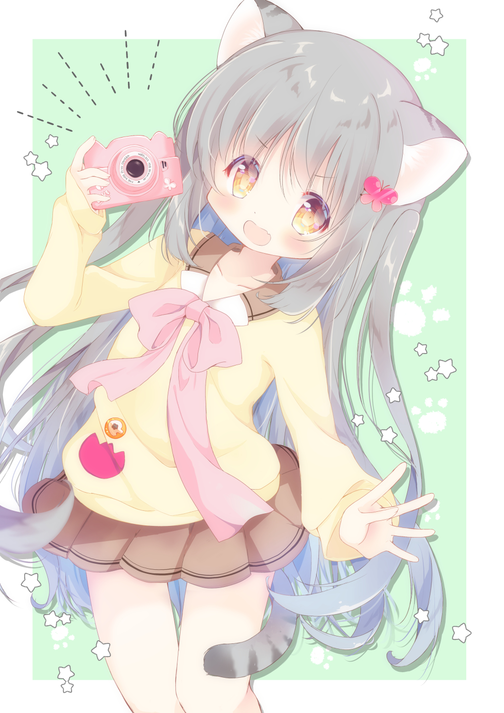 1girl :d animal_ear_fluff animal_ears bangs blush bow brown_eyes brown_shirt brown_skirt butterfly_hair_ornament camera commentary_request eyebrows_visible_through_hair fukaya_rin green_background grey_hair hair_between_eyes hair_ornament hand_up highres holding holding_camera long_hair looking_at_viewer open_mouth original pink_bow pleated_skirt shirt skirt smile solo star_(symbol) striped_tail tail tiger_ears tiger_girl tiger_tail two-tone_background very_long_hair white_background