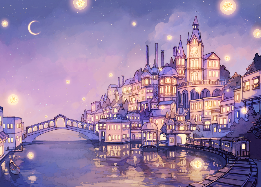 akagi_shun arch architecture bridge building cathedral flower fog gazebo gondola ground_vehicle moon night no_humans original pier purple_sky railroad_tracks reflective_water rose scenery sky star_(sky) train tree water window