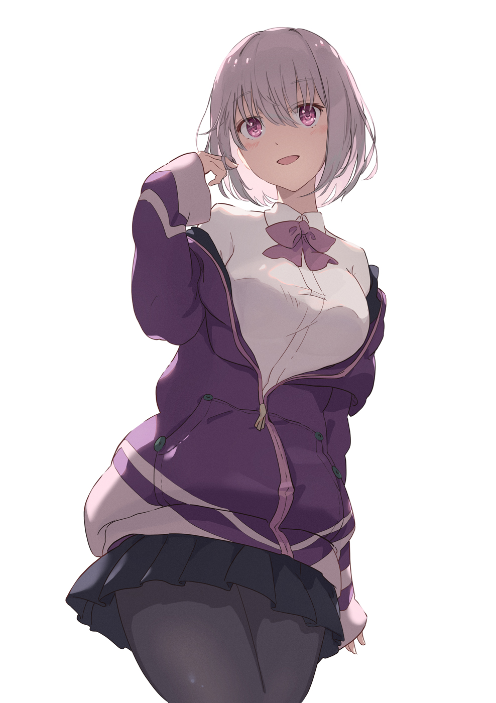 1girl bangs black_legwear black_skirt bow bowtie breasts commentary_request cowboy_shot eyebrows_visible_through_hair gridman_universe hand_in_hair hand_up highres jacket kodamazon large_breasts light_blush long_sleeves looking_at_viewer off_shoulder open_clothes open_jacket open_mouth pantyhose pink_eyes pink_hair pink_neckwear purple_jacket shinjou_akane short_hair simple_background skirt sleeves_past_wrists smile solo ssss.gridman white_background