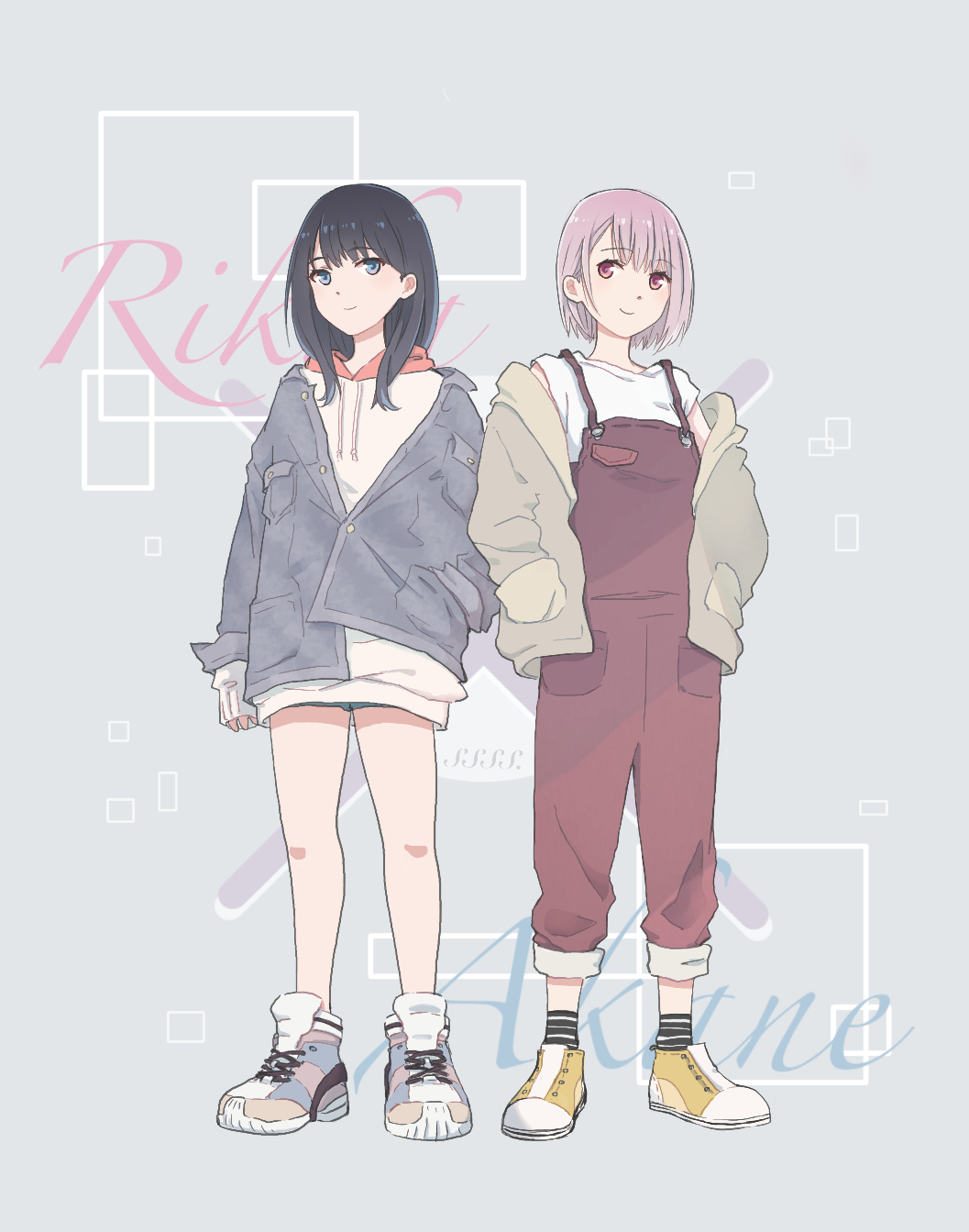 2girls bangs bare_legs black_hair blue_eyes blue_footwear blue_jacket brown_jacket casual character_name closed_mouth commentary_request drawstring eyebrows_visible_through_hair full_body grey_background gridman_universe hair_behind_ear hand_in_pocket hands_in_pockets highres hood hoodie jacket long_hair long_sleeves lyy multiple_girls overalls pink_hair red_eyes red_overalls shinjou_akane shirt shoes short_hair sleeveless sleeveless_shirt sleeves_past_wrists smile sneakers square ssss.gridman standing takarada_rikka white_footwear white_hoodie white_shirt yellow_footwear