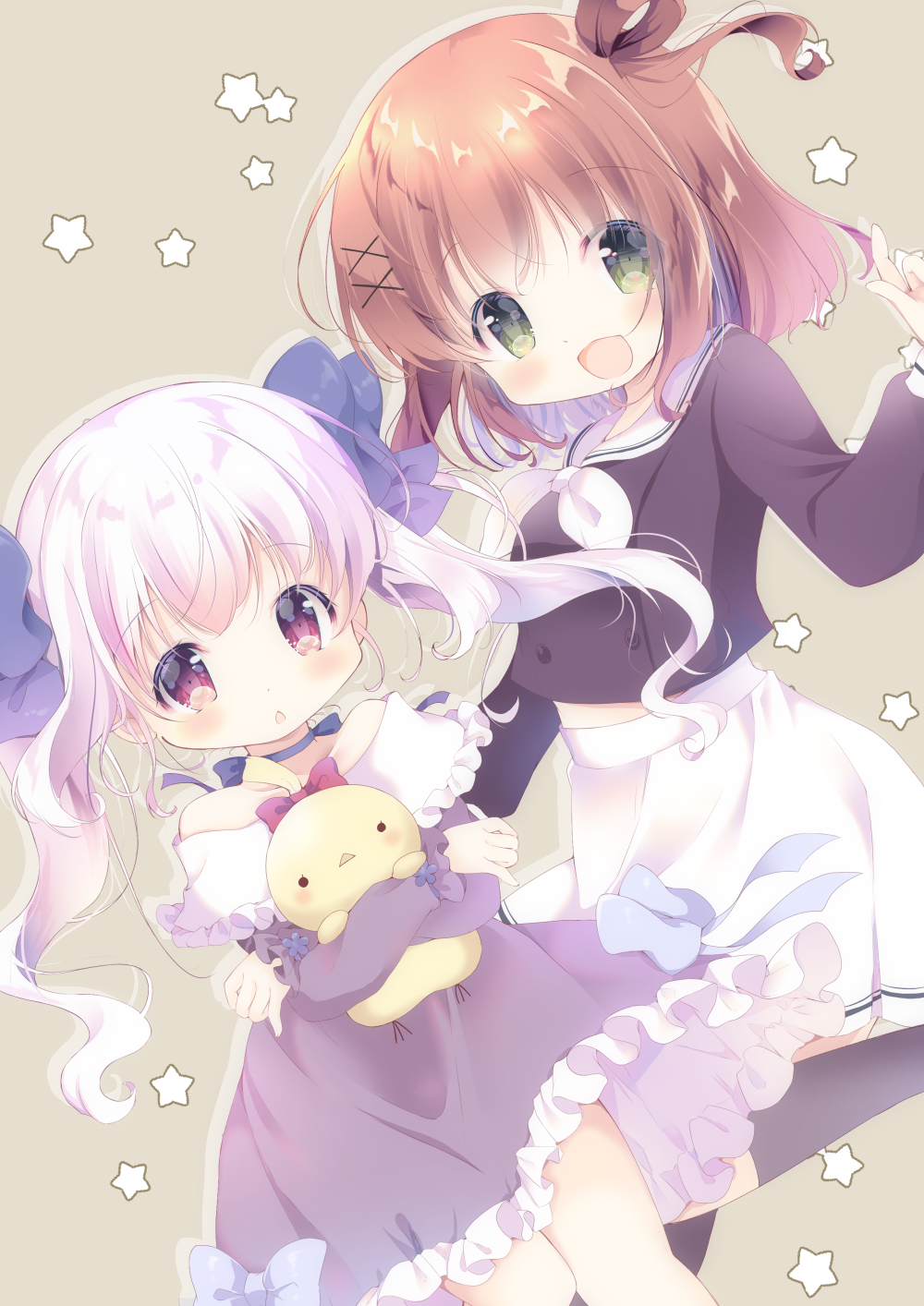 2girls :d bare_shoulders black_legwear black_shirt blue_bow blue_choker bow brown_background brown_hair chestnut_mouth choker commentary dress frilled_dress frills fukaya_rin green_eyes hair_ornament hair_rings highres looking_at_viewer multiple_girls neckerchief object_hug off-shoulder_dress off_shoulder one_side_up open_mouth original parted_lips pleated_skirt purple_dress sailor_collar school_uniform serafuku shirt skirt smile standing standing_on_one_leg starry_background stuffed_animal stuffed_bird stuffed_toy symbol-only_commentary thigh-highs twintails white_hair white_neckwear white_sailor_collar white_skirt x_hair_ornament