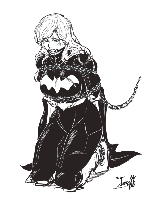 1girl arms_behind_back ball_gag batgirl belt breasts cape captured chain chained dc_comics gag gagged kneeling large_breasts long_hair monochrome signature superhero tare-katsu torn_clothes white_background