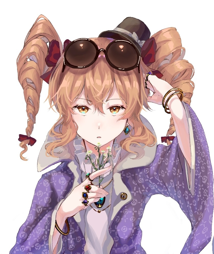 1girl arm_up bangs black_headwear blonde_hair bow bracelet dress earrings eyebrows_visible_through_hair eyewear_on_head flower gem glasses hair_between_eyes hair_bow hands_up hat hat_bow jacket jewelry long_sleeves looking_at_viewer matsukuzu medium_hair necklace open_mouth purple_jacket purple_sleeves red_bow ring simple_background solo sunglasses touhou twintails upper_body white_background white_bow white_dress white_flower wide_sleeves yellow_eyes yorigami_jo'on