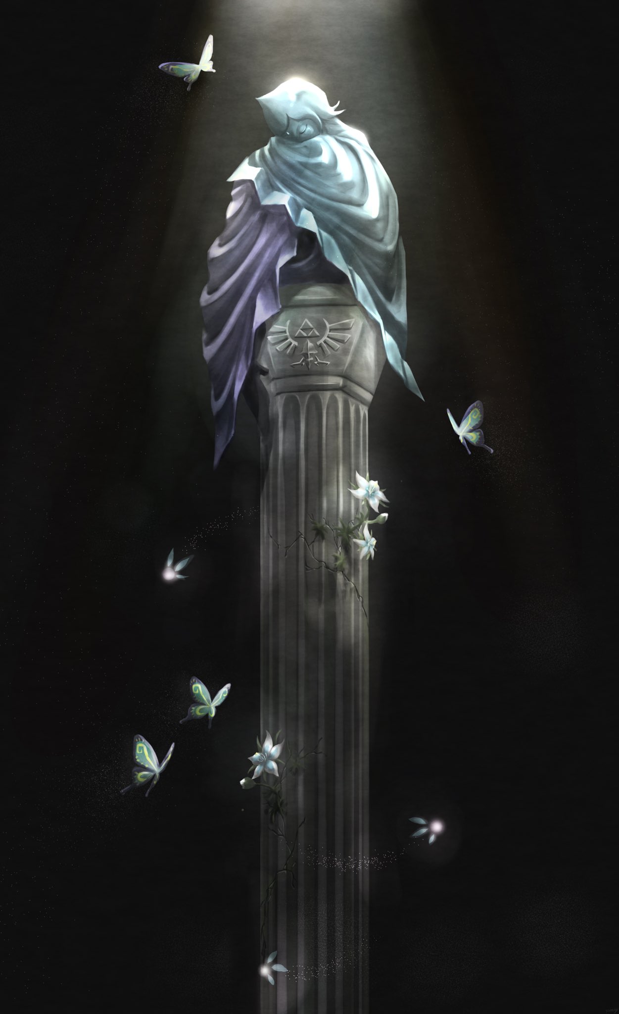 1girl blue_hair blue_skin bug butterfly closed_eyes colored_skin column dark_background fairy fetal_position fi flower highres hylian_crest insect light_rays pillar the_legend_of_zelda the_legend_of_zelda:_skyward_sword yomogipaaan