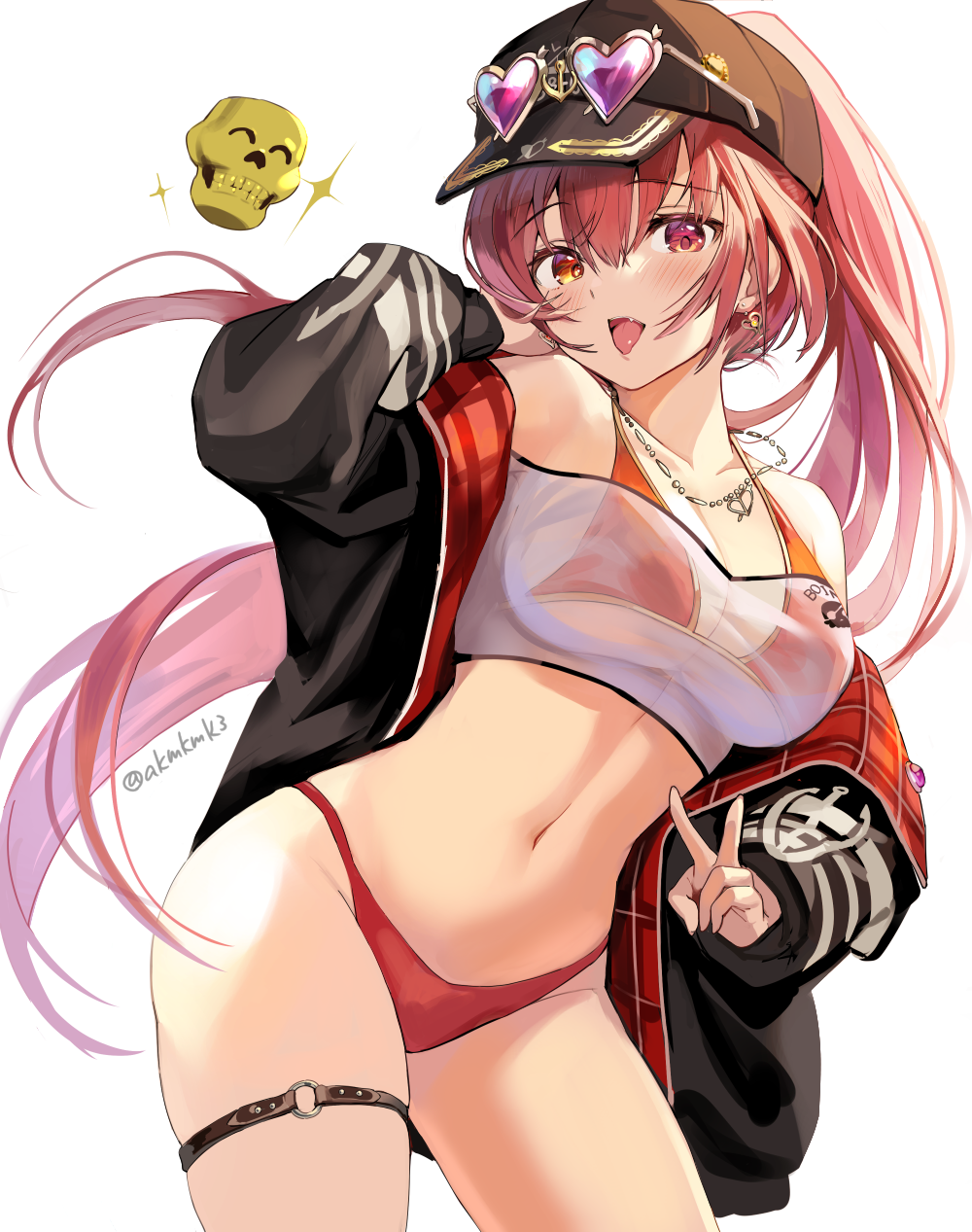 1girl bangs baseball_cap bikini black_headwear black_jacket blush commentary_request cowboy_shot crop_top earrings eyebrows_visible_through_hair eyewear_on_headwear floating_hair hair_between_eyes halter_top halterneck hat heart heart_earrings heart_necklace heterochromia highres hololive houshou_marine jacket jewelry long_hair long_sleeves looking_at_viewer navel off_shoulder open_clothes open_jacket open_mouth orange_eyes ponytail red_bikini red_eyes redhead rokcha see-through simple_background skull solo standing stomach string_bikini sunglasses swimsuit tongue tongue_out twitter_username v very_long_hair virtual_youtuber white_background