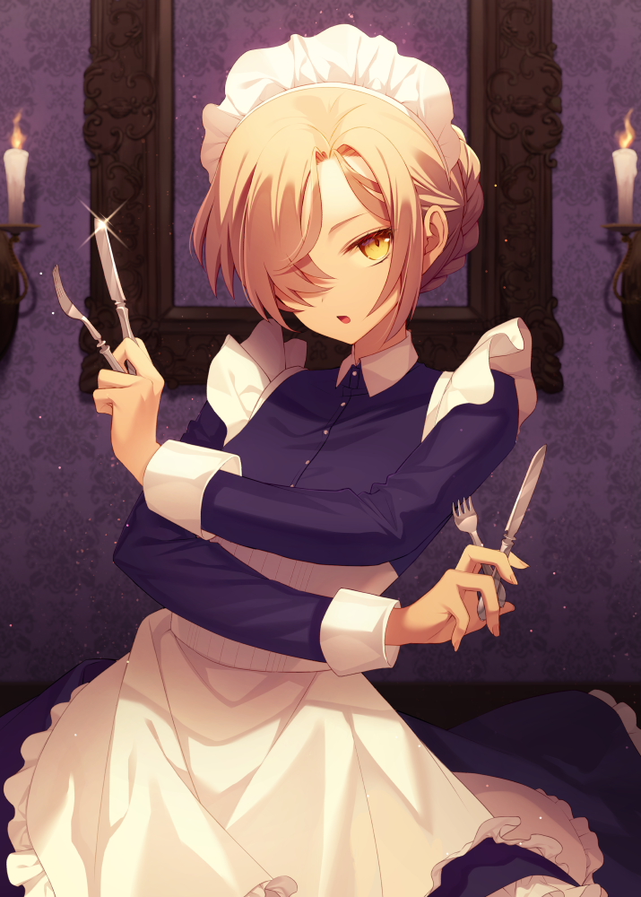 1girl apron azur_lane braid candle chacha_rw crossed_arms crown_braid dress dual_wielding fork frilled_apron frills hair_behind_ear hair_over_one_eye holding holding_fork holding_knife indoors knife looking_at_viewer maid_apron maid_headdress purple_dress sheffield_(azur_lane) solo white_apron yellow_eyes